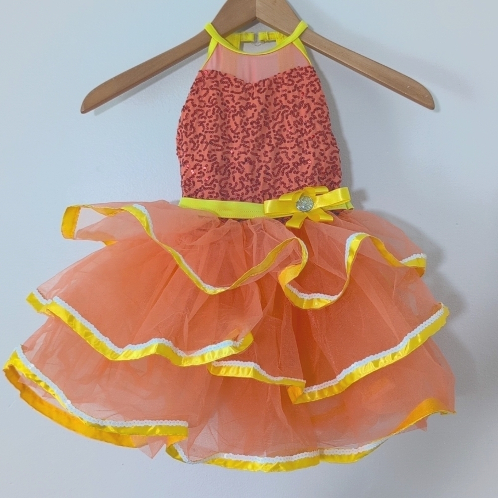 New Weissman Coral Yellow Sequin Tutu Dance Costume Ruffle Skirt Halter Dress
